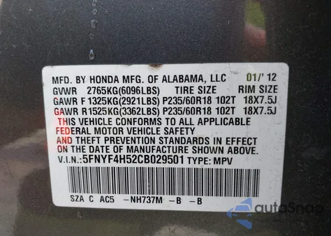 2012 Honda Pilot Ex-L from USA, damaged, VIN 5FNYF4H52CB029501